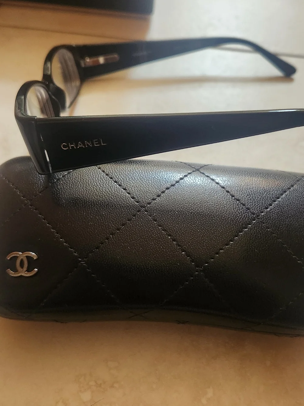 CHANEL Black Quilted Eyewear with Matching Black Case